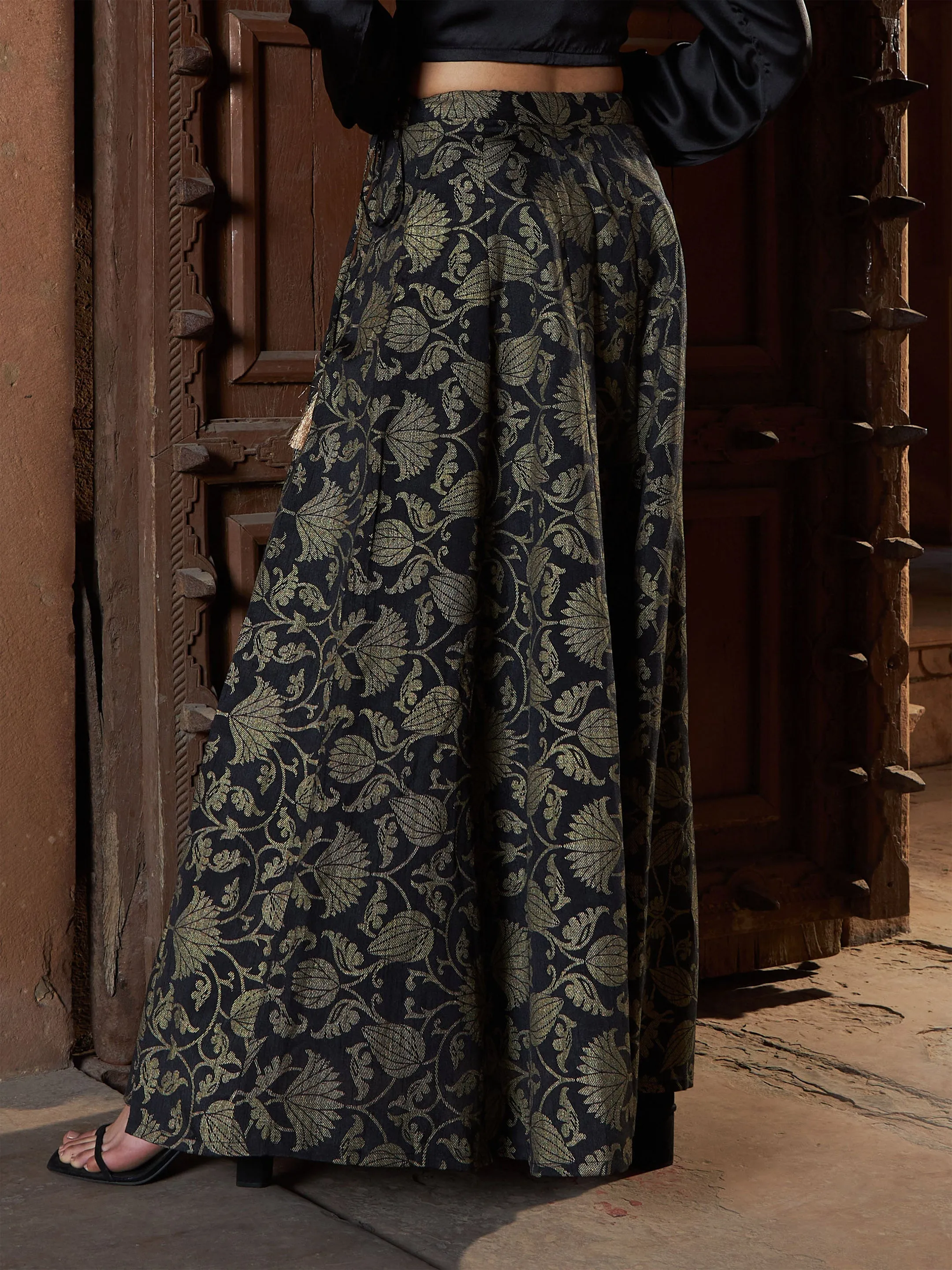 Women Black Brocade Jacquard Anarkali Skirt