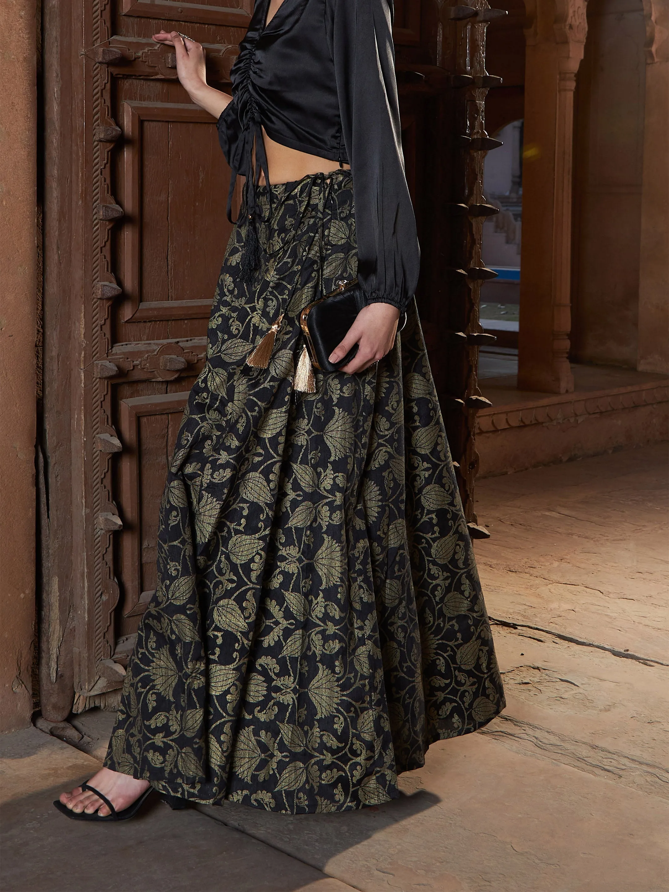 Women Black Brocade Jacquard Anarkali Skirt