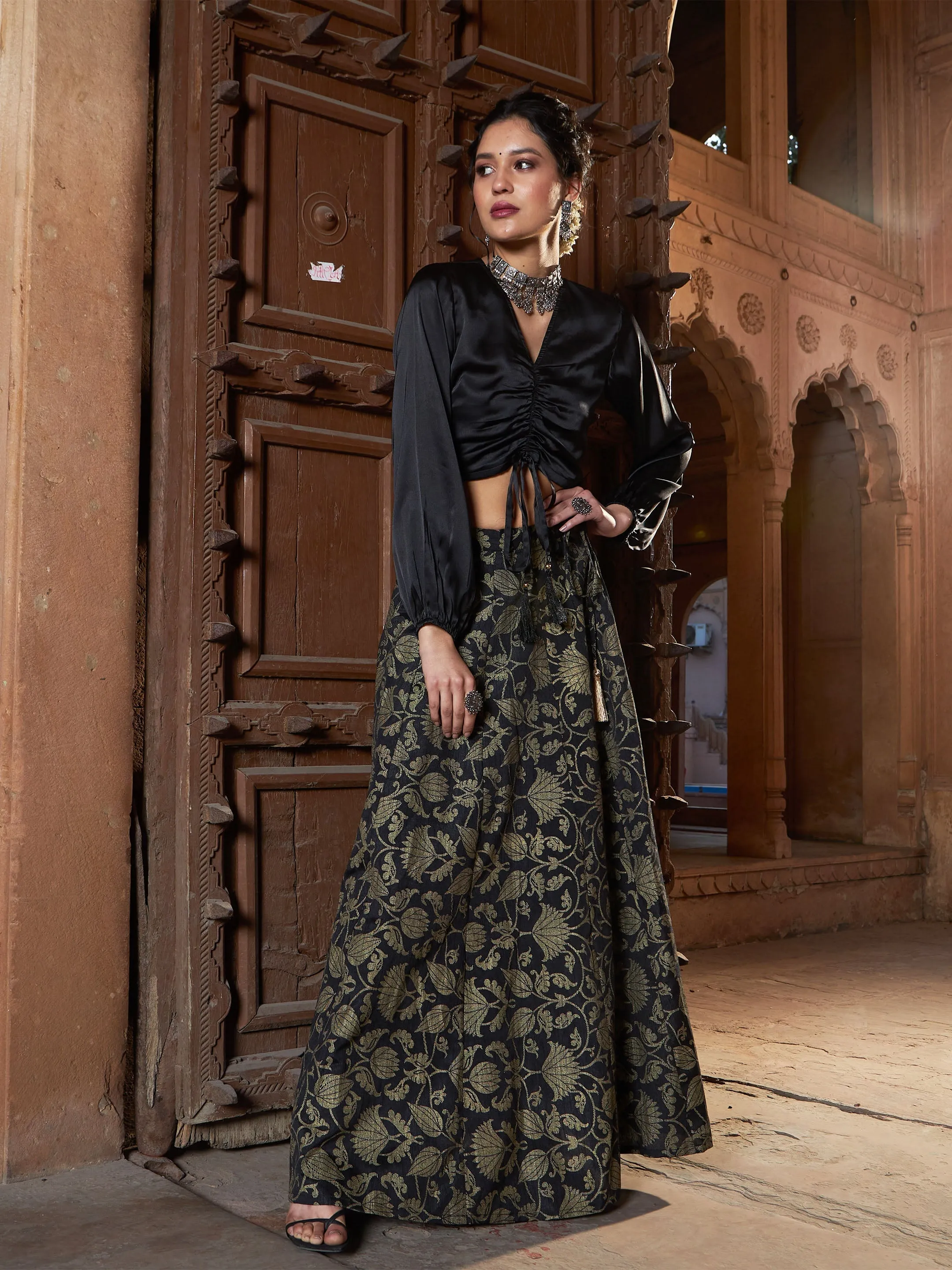 Women Black Brocade Jacquard Anarkali Skirt