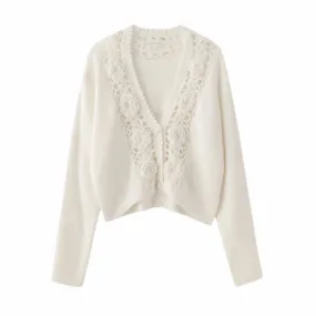 Women Crochet Hollow Out Sweater Single Breasted Temperament Wool Blend Long Sleeve Female Cardigan  C-146