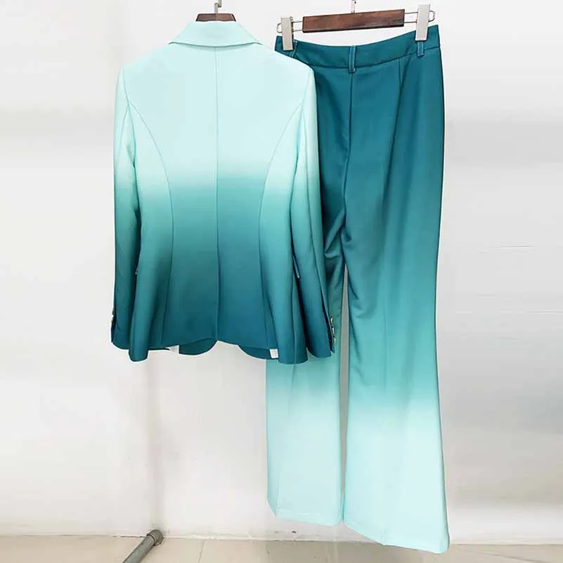 Women Luxury Green Gradient Ombre Blazer   Mid-High Rise Flare Trousers Suit Pants Suit