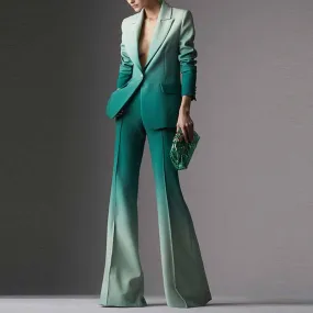 Women Luxury Green Gradient Ombre Blazer   Mid-High Rise Flare Trousers Suit Pants Suit