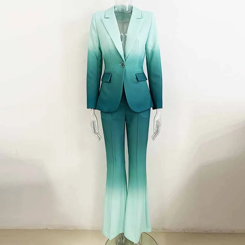 Women Luxury Green Gradient Ombre Blazer   Mid-High Rise Flare Trousers Suit Pants Suit
