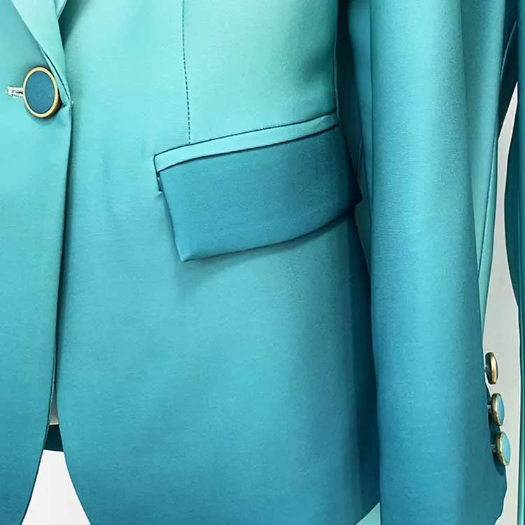 Women Luxury Green Gradient Ombre Blazer   Mid-High Rise Flare Trousers Suit Pants Suit