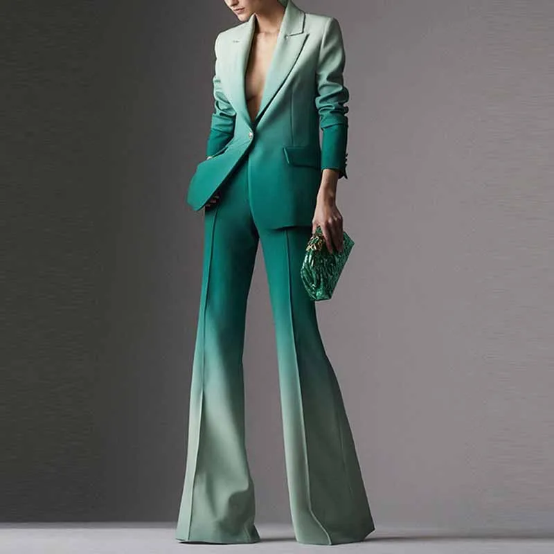 Women Luxury Green Gradient Ombre Blazer   Mid-High Rise Flare Trousers Suit Pants Suit