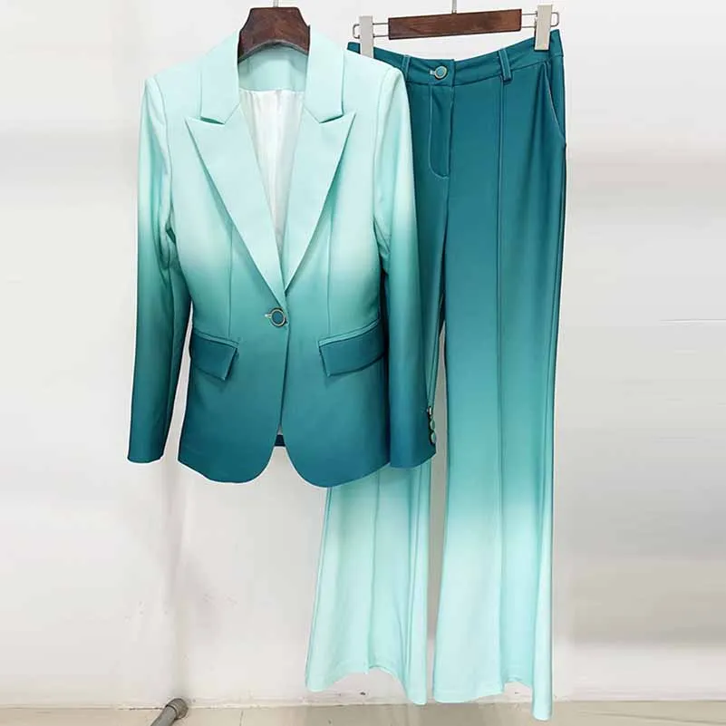 Women Luxury Green Gradient Ombre Blazer   Mid-High Rise Flare Trousers Suit Pants Suit