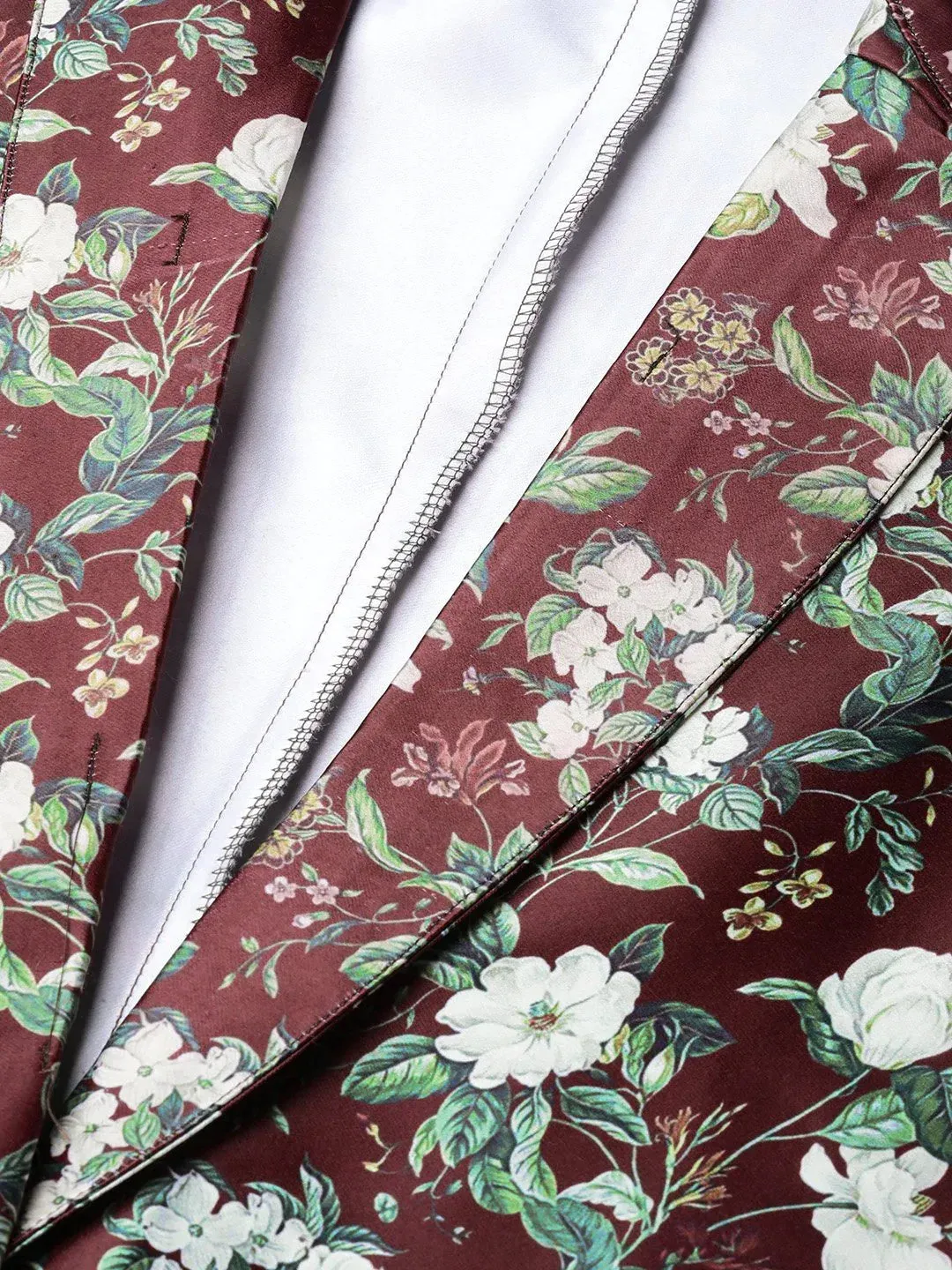 Women Maroon & Green Satin Floral Print Single-Breasted Casual Blazer