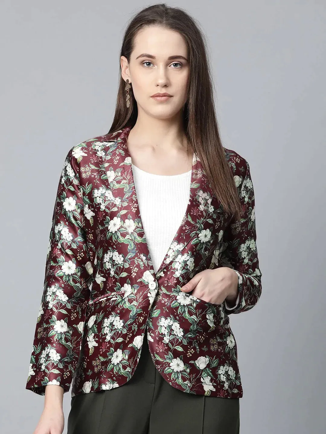 Women Maroon & Green Satin Floral Print Single-Breasted Casual Blazer