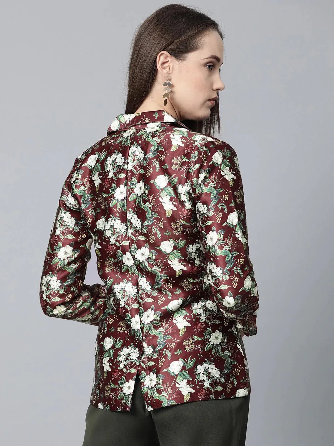 Women Maroon & Green Satin Floral Print Single-Breasted Casual Blazer