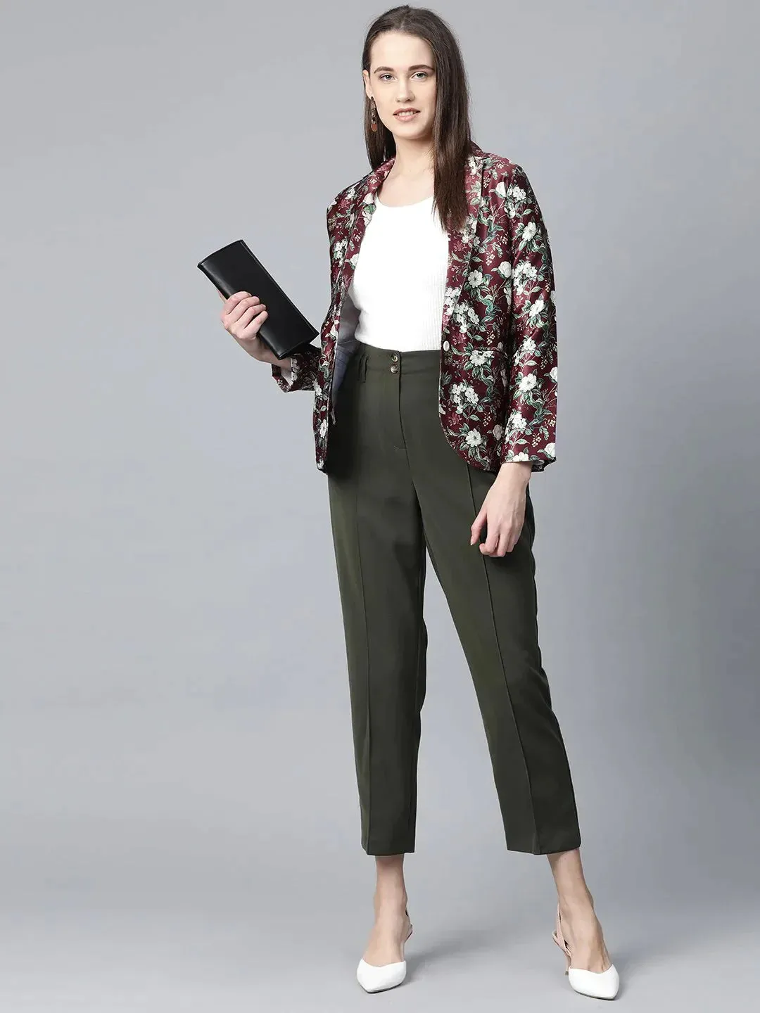 Women Maroon & Green Satin Floral Print Single-Breasted Casual Blazer
