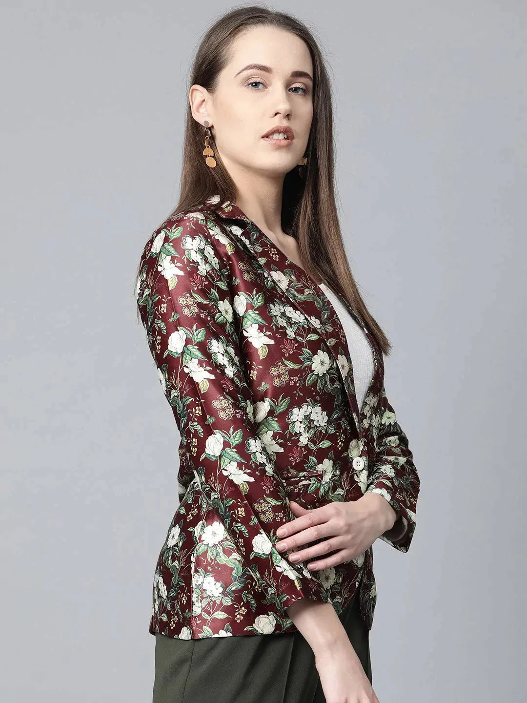 Women Maroon & Green Satin Floral Print Single-Breasted Casual Blazer