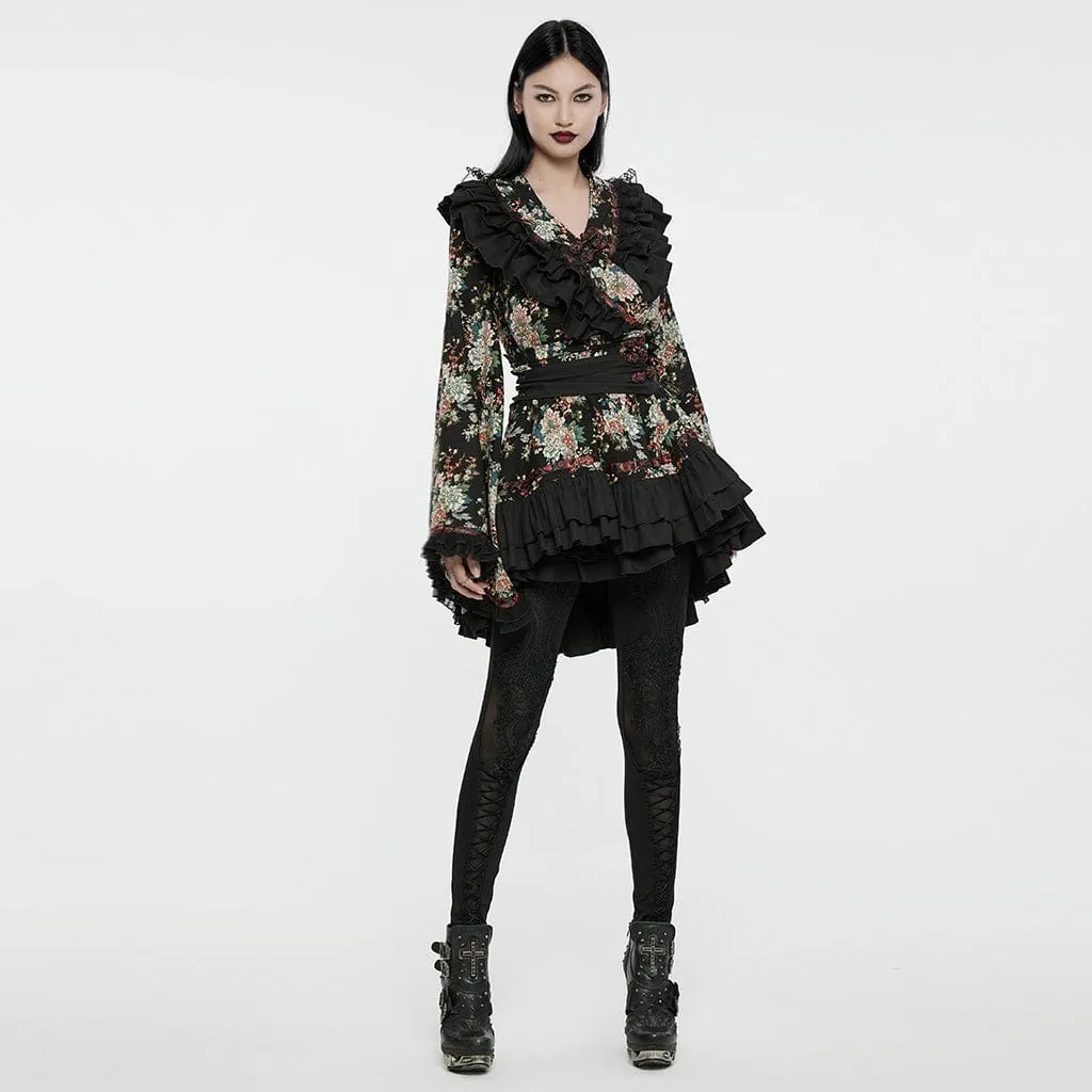 Women's Lolita Floral Printed Ruffled Kimono Dress Set