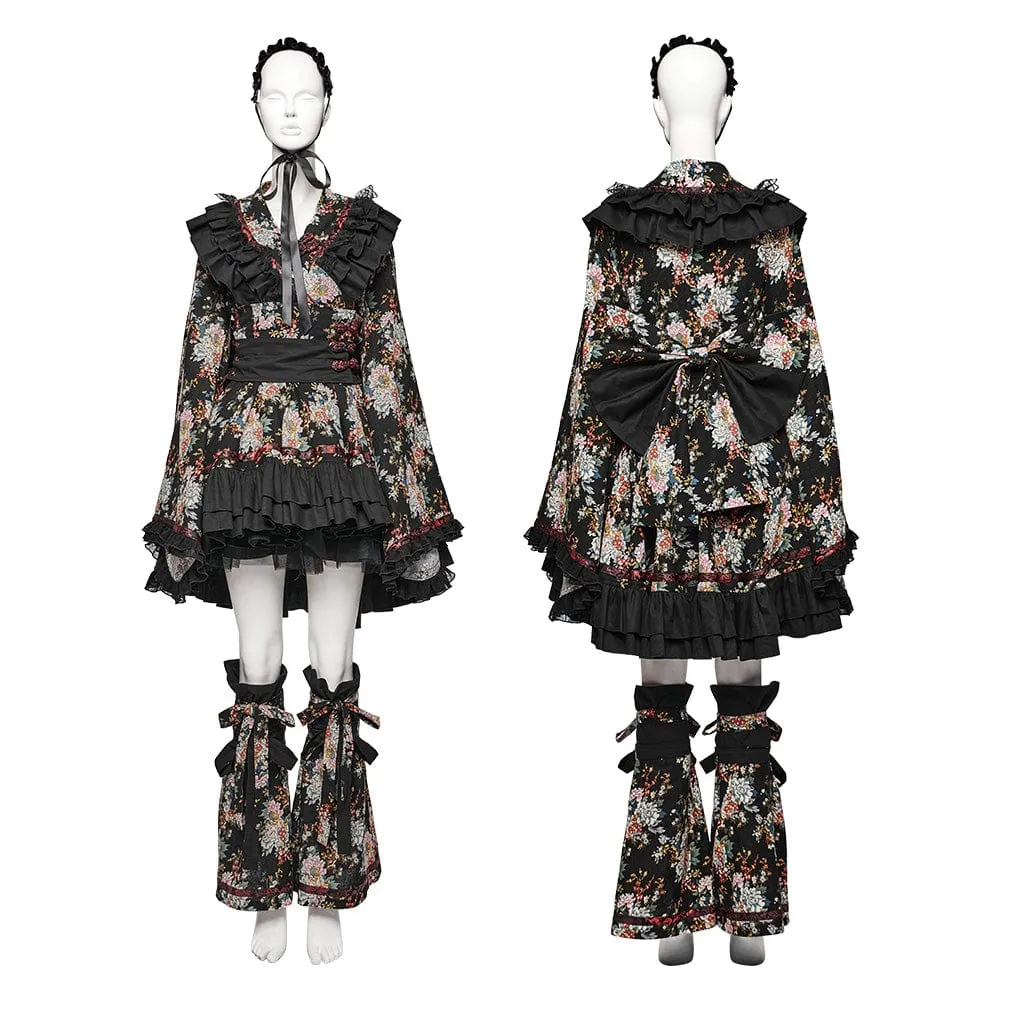 Women's Lolita Floral Printed Ruffled Kimono Dress Set