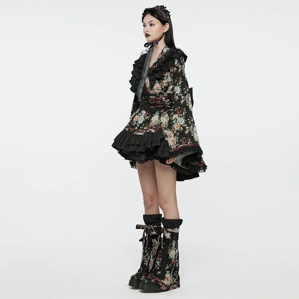 Women's Lolita Floral Printed Ruffled Kimono Dress Set