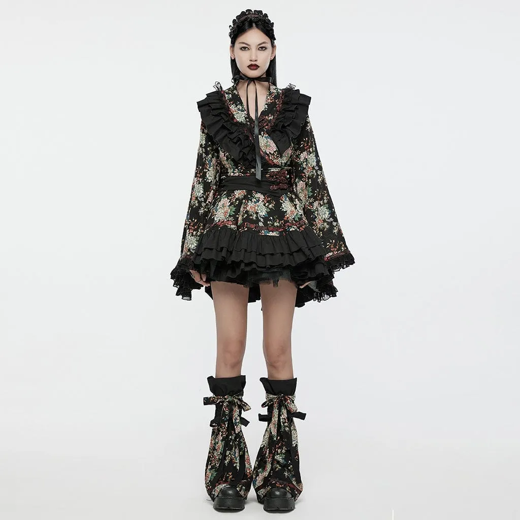 Women's Lolita Floral Printed Ruffled Kimono Dress Set