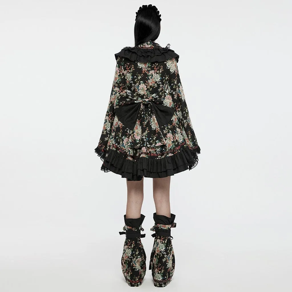 Women's Lolita Floral Printed Ruffled Kimono Dress Set