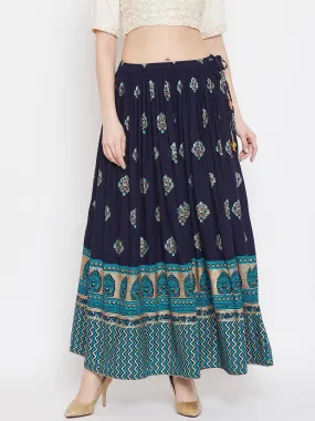 Women'S Navy Blue Flared Printed Maxi Skirt