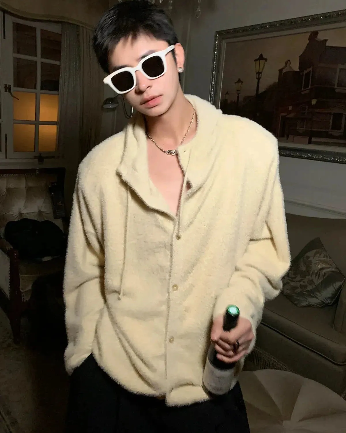 Woo Light Fuzzy Buttoned Knit Cardigan