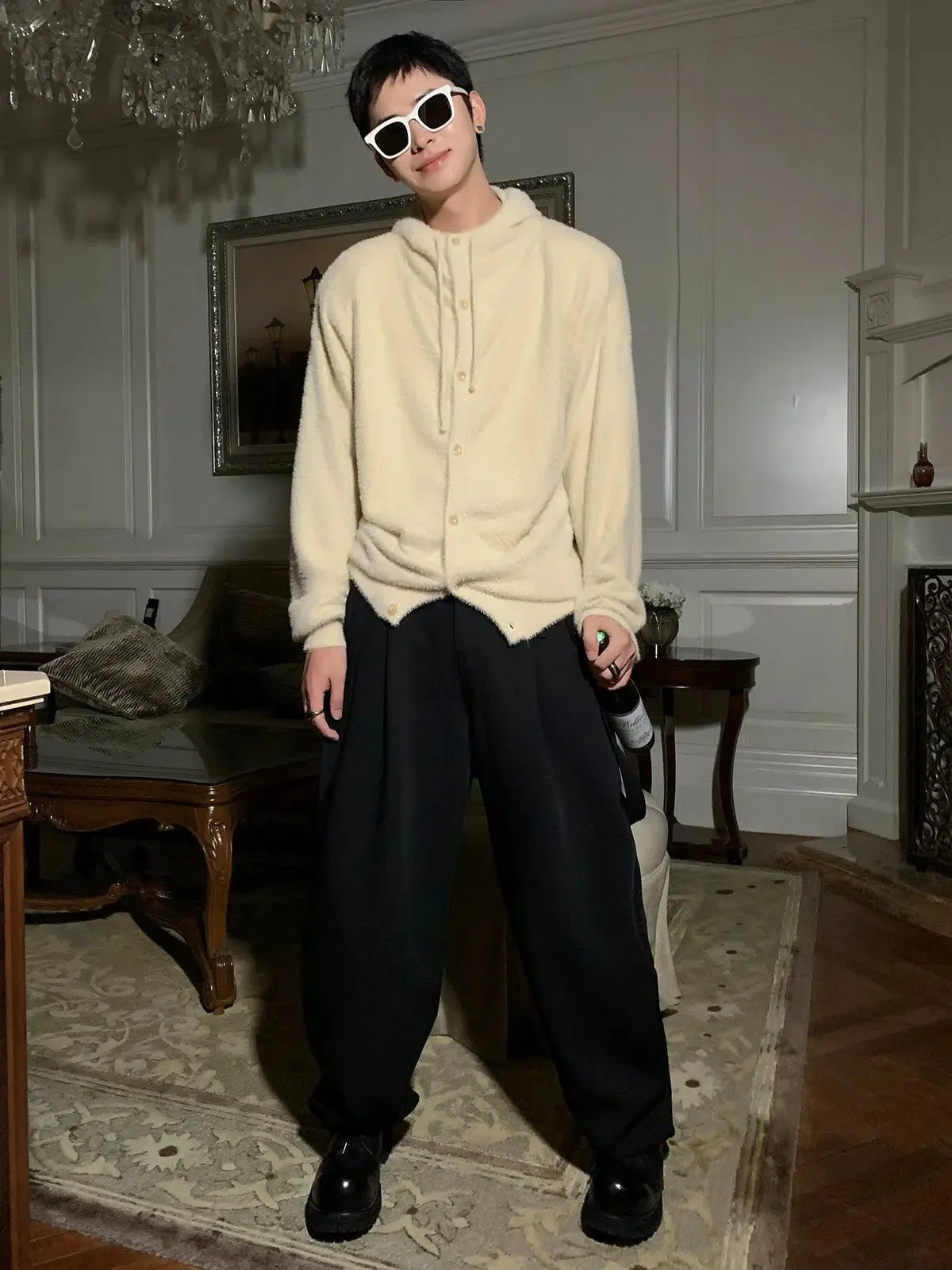 Woo Light Fuzzy Buttoned Knit Cardigan