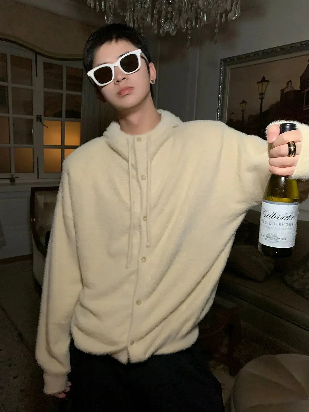 Woo Light Fuzzy Buttoned Knit Cardigan