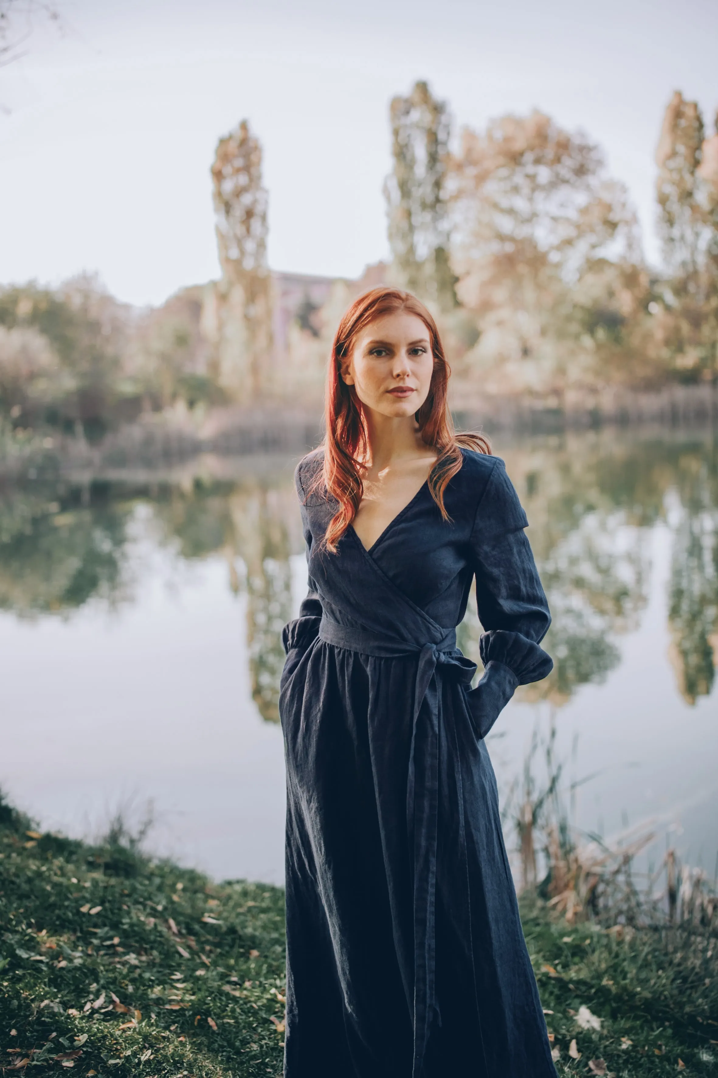 Wrap Linen Dress with Tie Waist