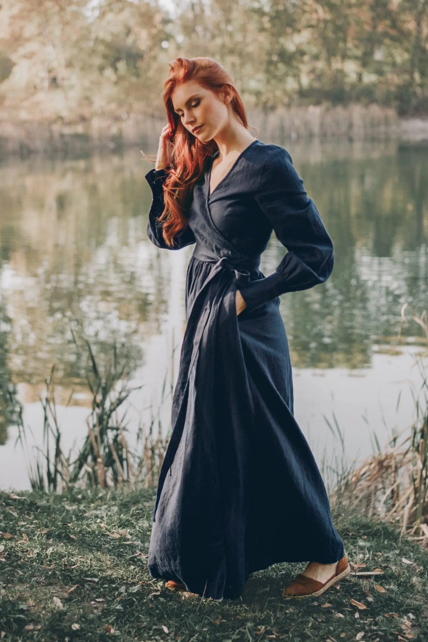 Wrap Linen Dress with Tie Waist