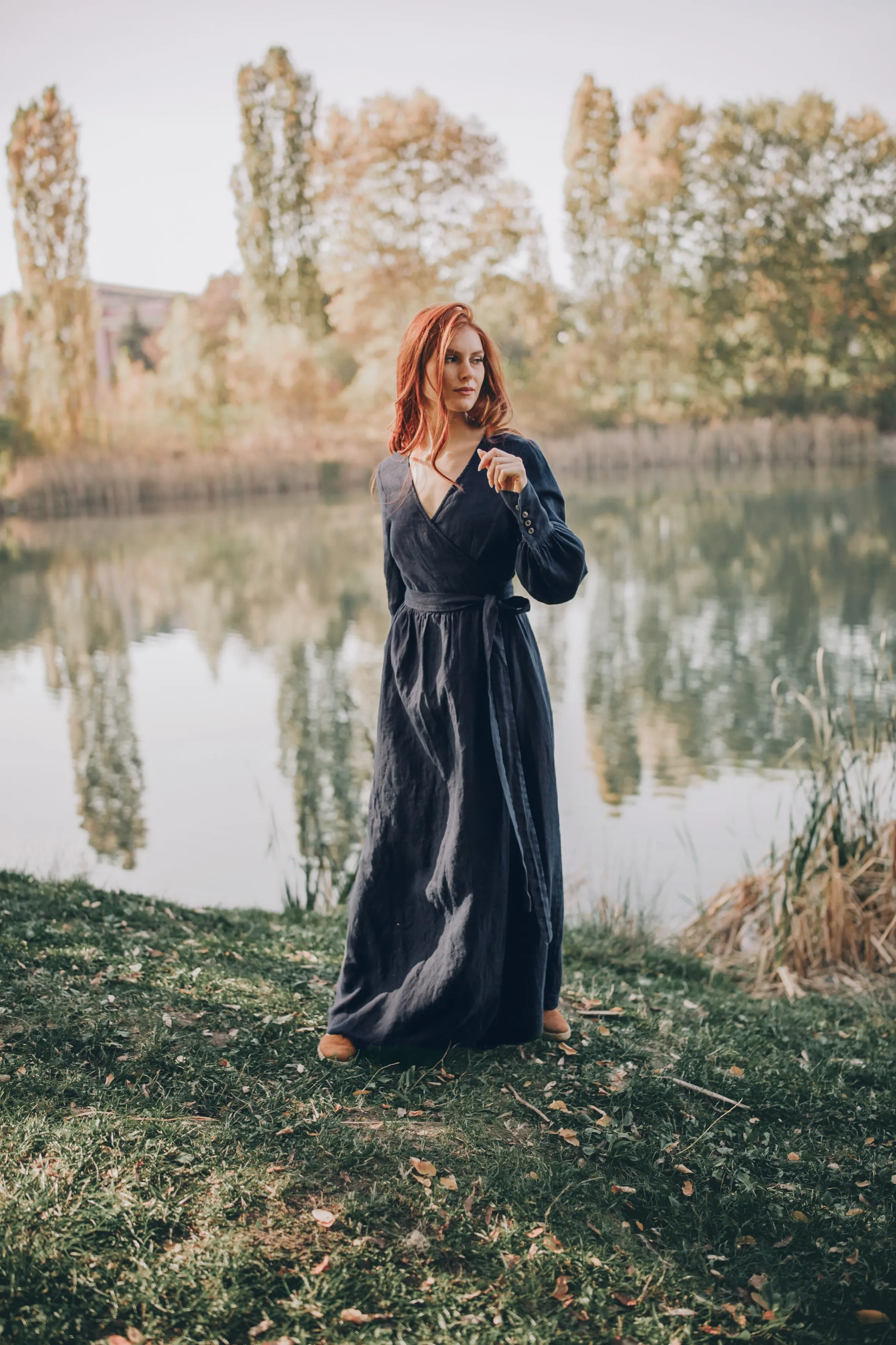 Wrap Linen Dress with Tie Waist