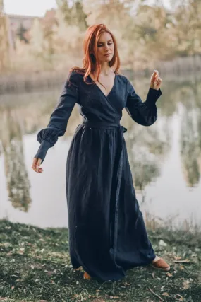 Wrap Linen Dress with Tie Waist